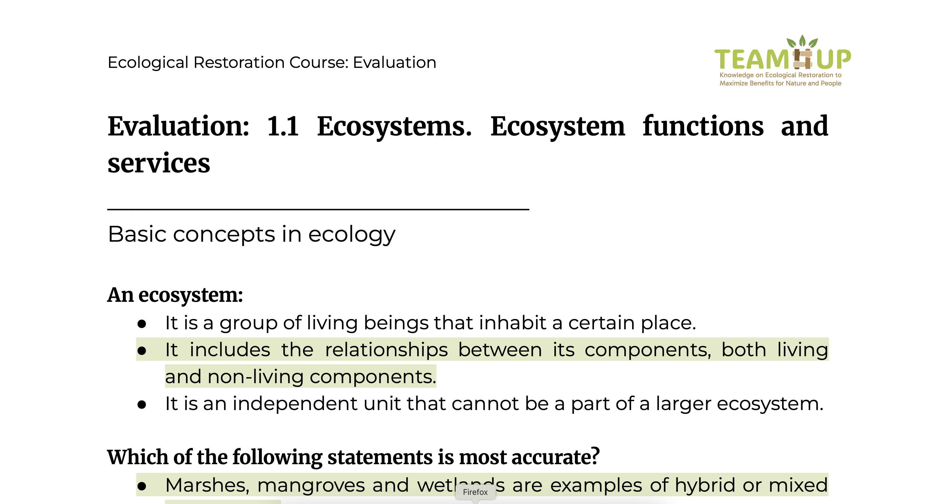 Ecosystems, Functions and Ecosystem Services - Evaluation