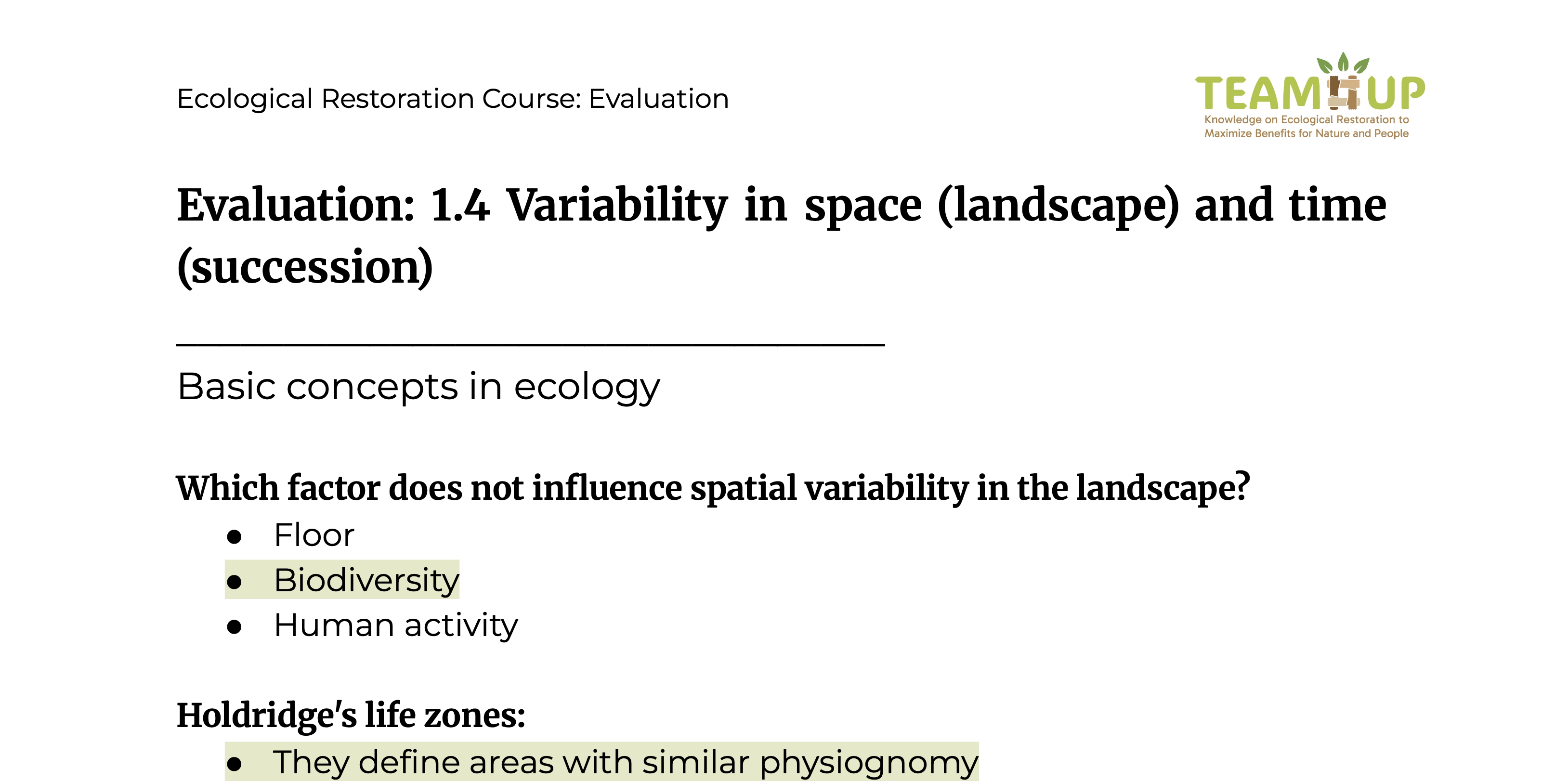 Variability in Space (landscape) and Time (succession) - Evaluation