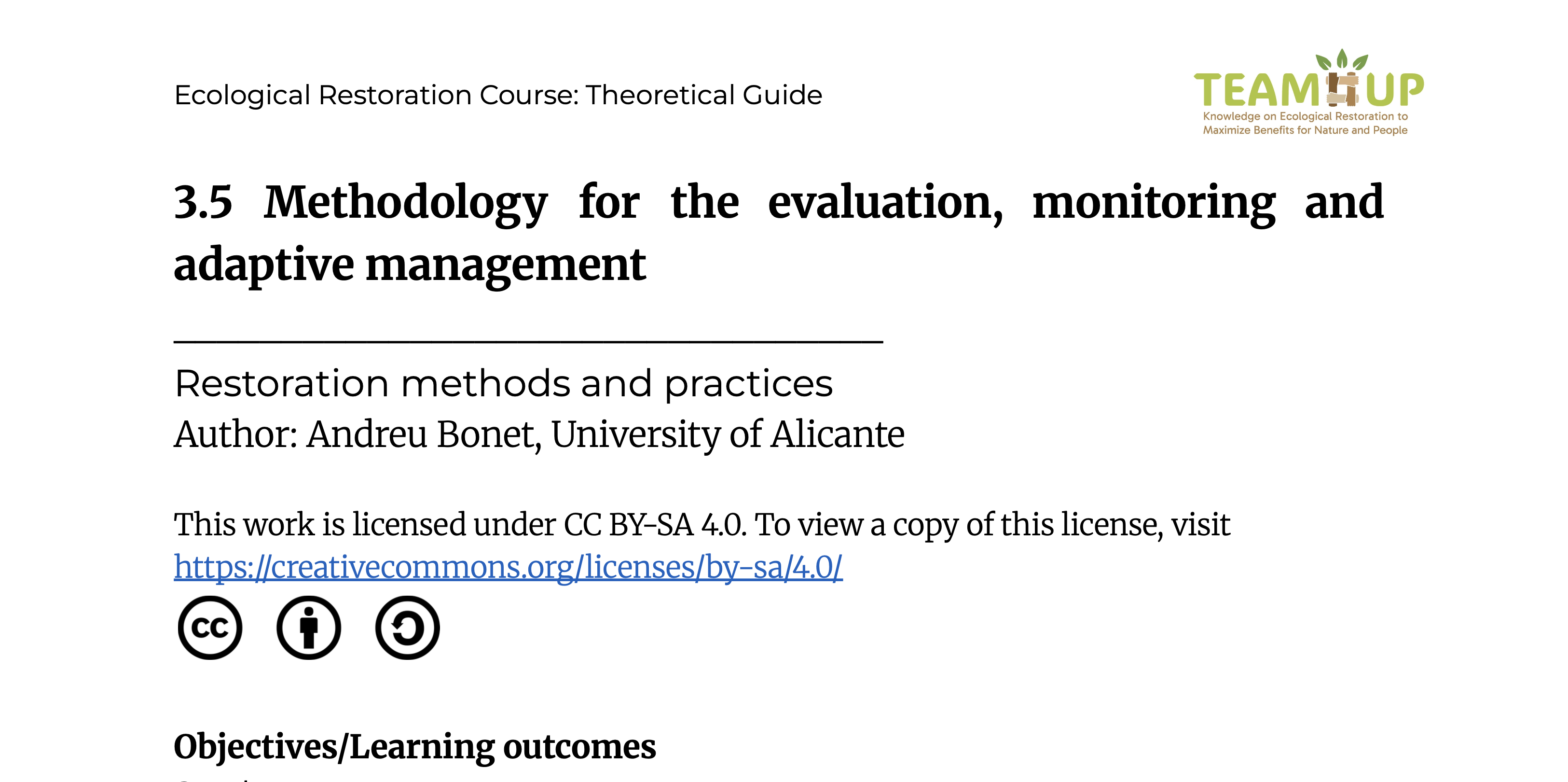 Methodology for Evaluation, Monitoring and Adaptive Management - Theoretical Guide