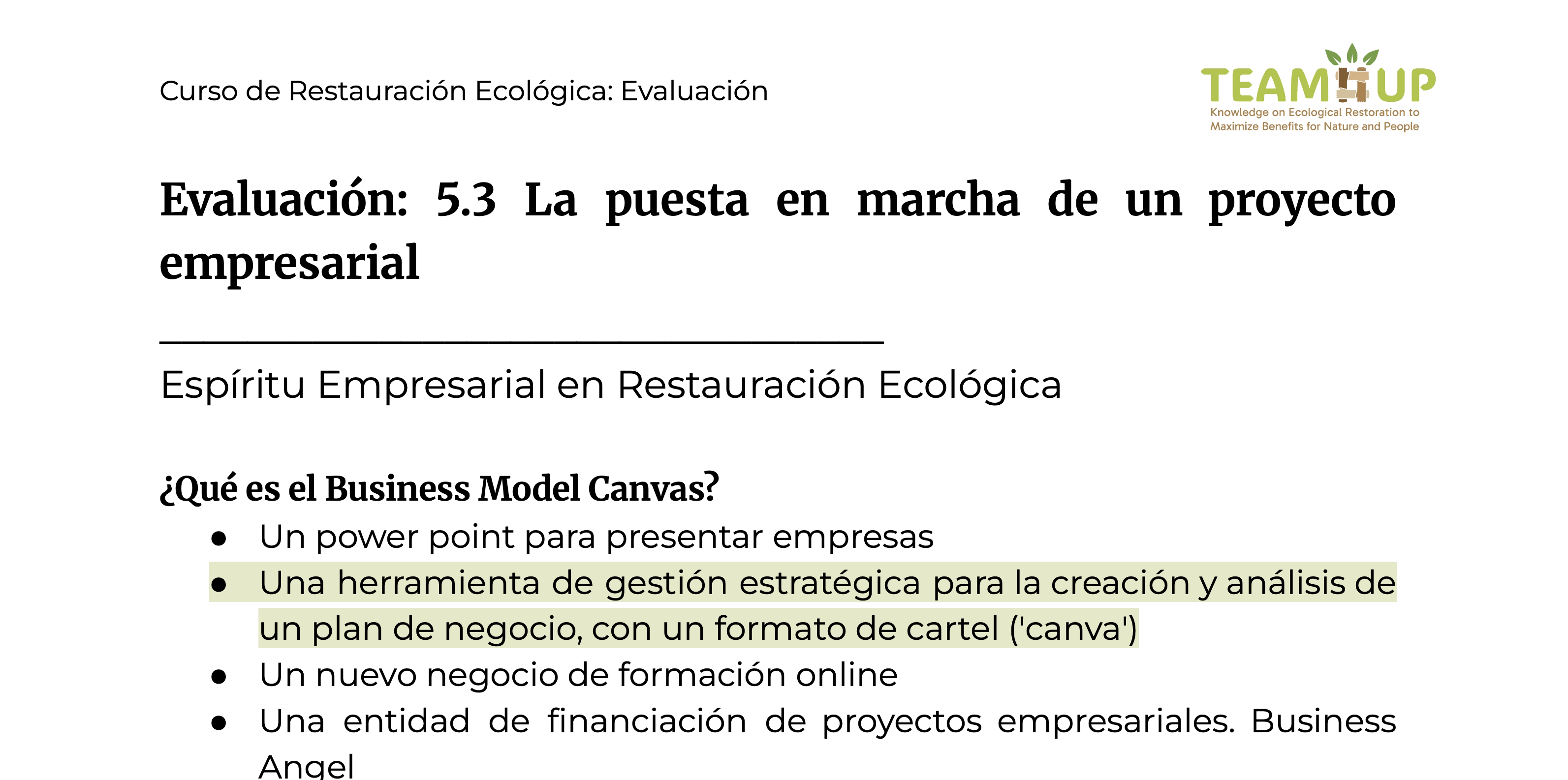 La puesta en marcha de un proyecto empresarial - Evaluación